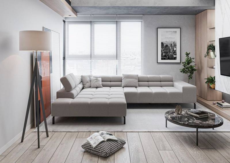 INOSIGN Ecksofa Ancona New, wahlweise motorische Sitztiefenverstellung, auch in Cord, feine Steppung, mit Kopfteilverstellung, 3 Zierkissen, L-Form von INOSIGN