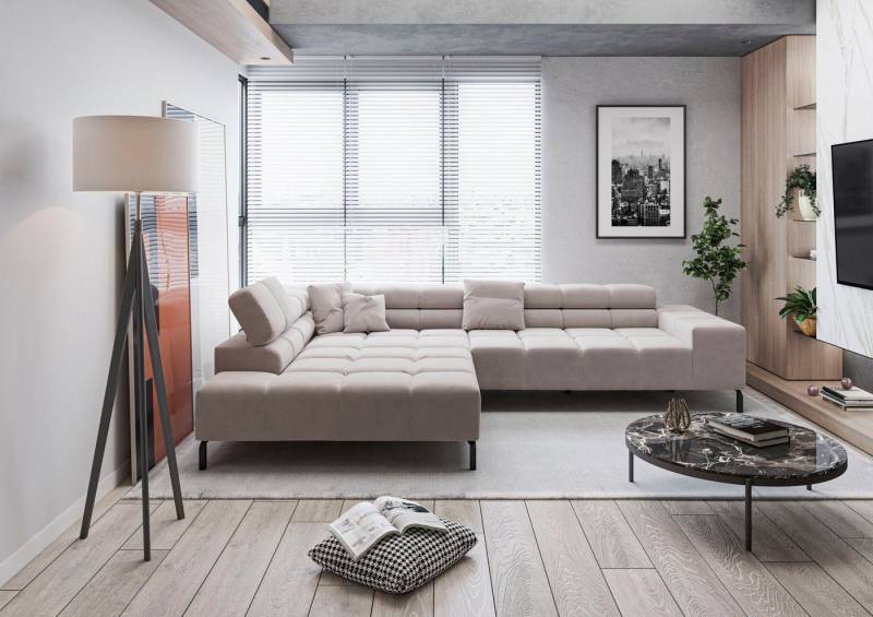INOSIGN Ecksofa Ancona New, wahlweise motorische Sitztiefenverstellung, auch in Cord, feine Steppung, mit Kopfteilverstellung, 3 Zierkissen, L-Form von INOSIGN