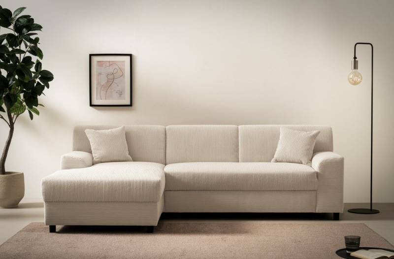 DOMO collection Ecksofa Turah 2, L-Form, Cord oder Luxus-Microfaser, komfortabler Federkern, B/T/H: 241/146/79 cm, incl. Zierkissen, wahlweise mit Bettfunktion von DOMO collection