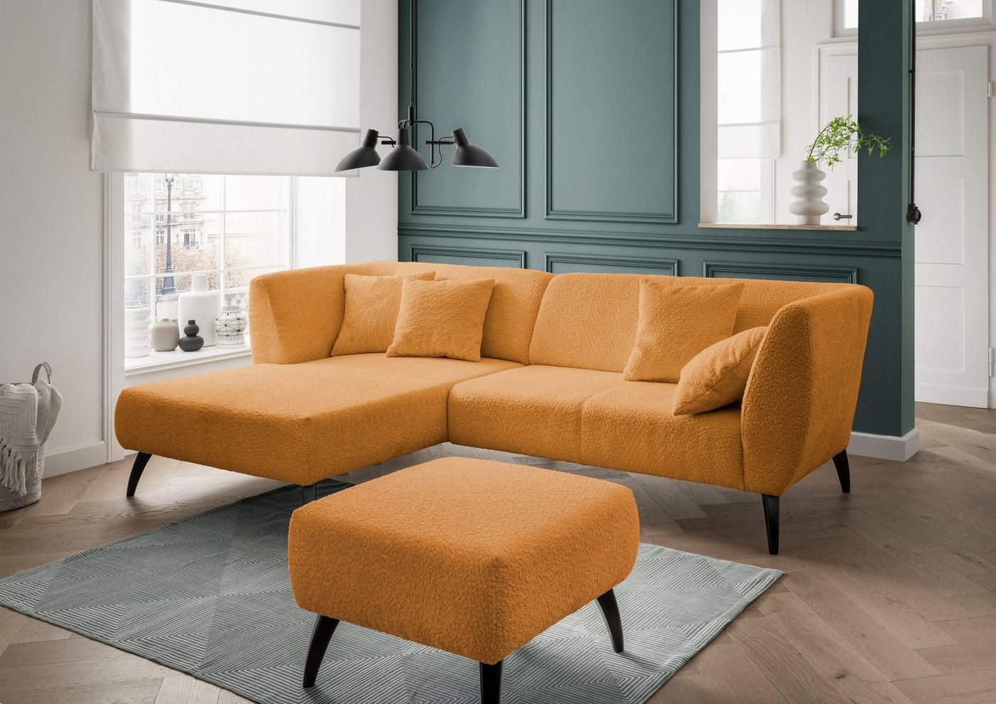 INOSIGN Ecksofa Colori L-Form, Holzfußfarbe wählbar, inkl. 4x Zierkissen, verschiedene Stoffe von INOSIGN