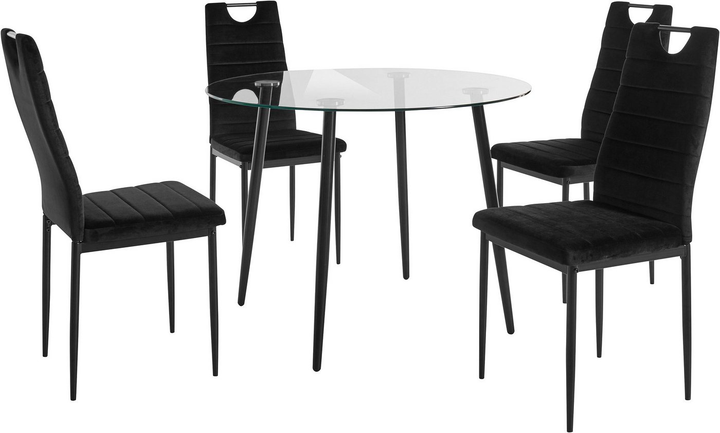 INOSIGN Essgruppe, (Set, 5-tlg), runder Glastisch, Ø 100 cm und 4 Esszimmerstühlen, Bezug aus Samtstoff von INOSIGN