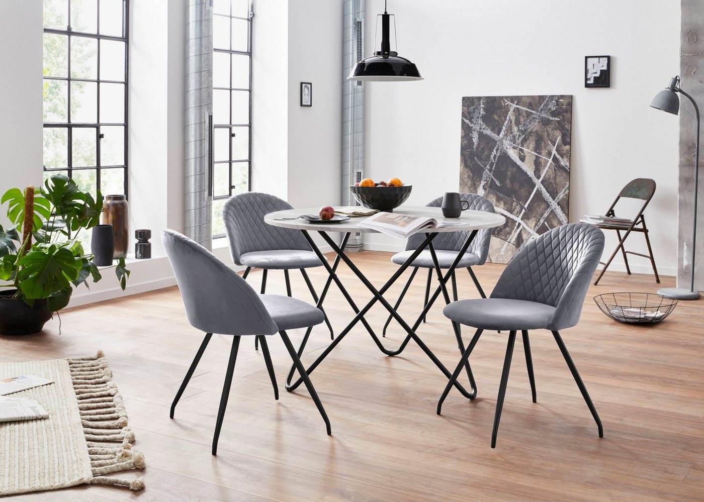 INOSIGN Essgruppe Emmajonas, (Set, 5-tlg), moderner runder Tisch in Marmoroptik von INOSIGN