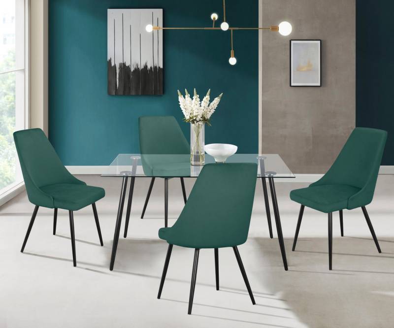 INOSIGN Essgruppe Danny-Malio, (Set, 5-tlg., Set 140 cm), Glastisch 140x80 cm mit 4 Stühlen (Veloursstoff), Gestell aus Metall von INOSIGN
