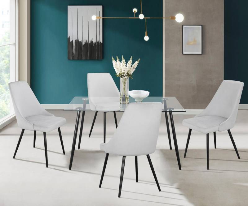 INOSIGN Essgruppe Danny-Malio, (Set, 5-tlg., Set 140 cm), Glastisch 140x80 cm mit 4 Stühlen (Veloursstoff), Gestell aus Metall von INOSIGN