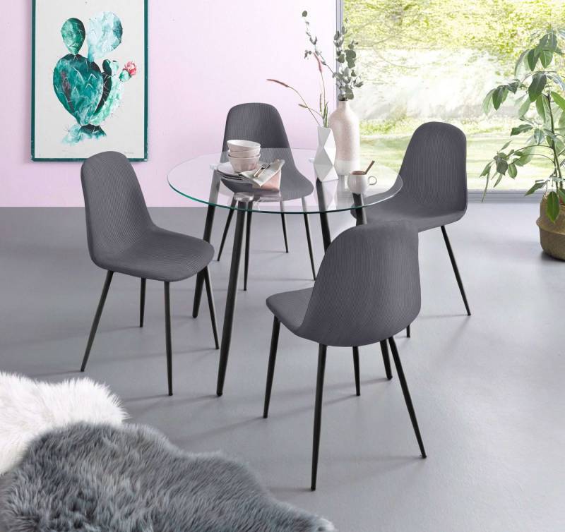 INOSIGN Essgruppe Danny-Miller, (Set, 5-tlg., Set 100 cm), Glastisch 100x100 cm mit 4 Stühlen in Cord, Gestell aus Metall von INOSIGN