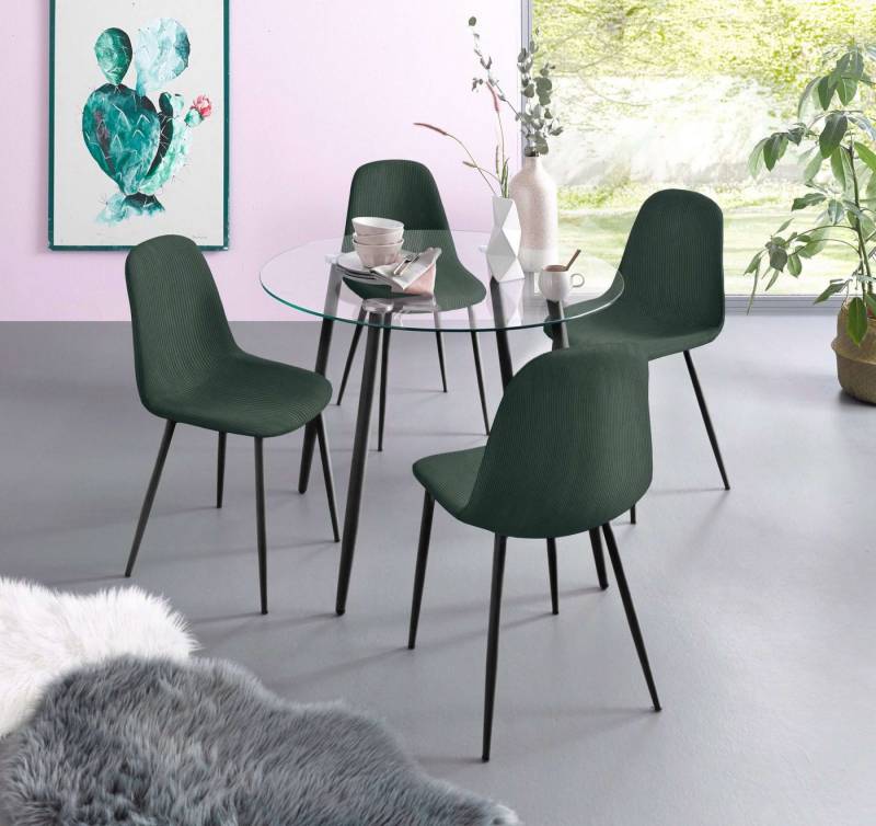 INOSIGN Essgruppe Danny-Miller, (Set, 5-tlg., Set 100 cm), Glastisch 100x100 cm mit 4 Stühlen in Cord, Gestell aus Metall von INOSIGN