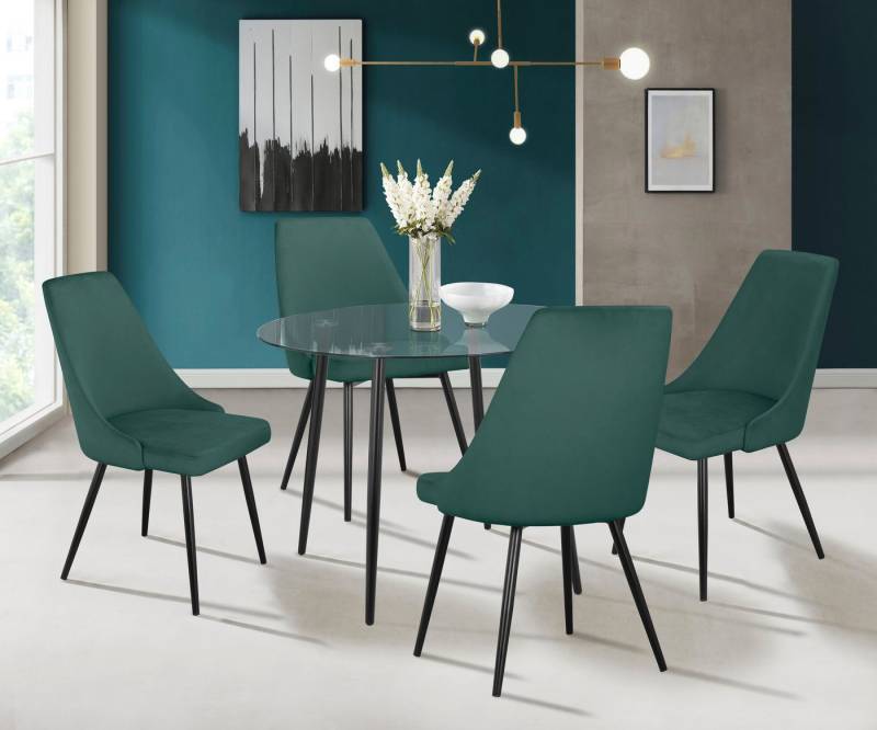 INOSIGN Essgruppe Danny-Malio, (Set, 5-tlg., Set 100 cm), Glastisch 100x100 cm mit 4 Stühlen (Veloursstoff), Gestell aus Metall von INOSIGN