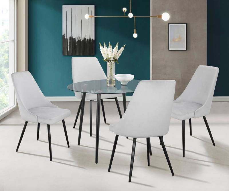 INOSIGN Essgruppe Danny-Malio, (Set, 5-tlg., Set 100 cm), Glastisch 100x100 cm mit 4 Stühlen (Veloursstoff), Gestell aus Metall von INOSIGN
