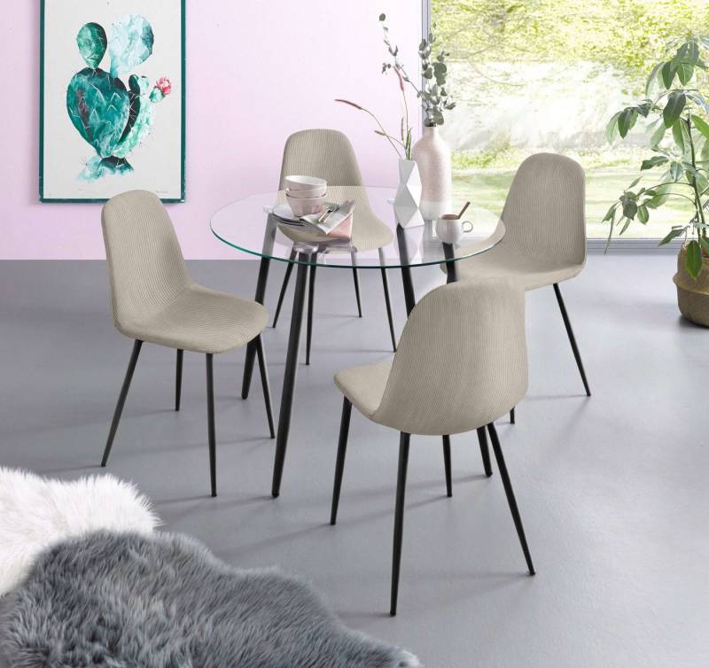 INOSIGN Essgruppe Danny-Miller, (Set, 5-tlg., Set 100 cm), Glastisch 100x100 cm mit 4 Stühlen in Cord, Gestell aus Metall von INOSIGN