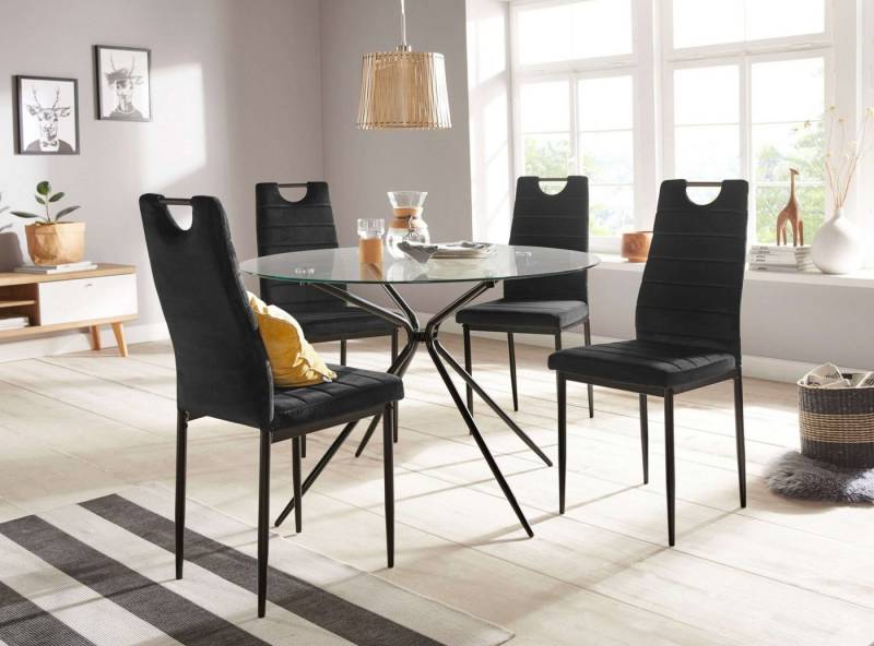 INOSIGN Essgruppe Silvi-Mandy, (Set, 5-tlg., Set 110 cm), Glastisch 110x110 cm mit 4 Stühlen (Veloursstoff), Gestell aus Metall von INOSIGN