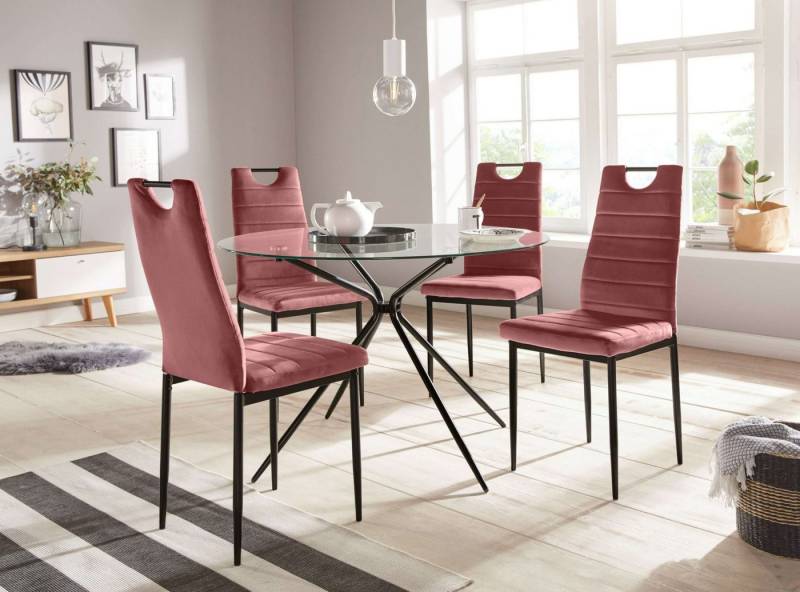 INOSIGN Essgruppe Silvi-Mandy, (Set, 5-tlg., Set 110 cm), Glastisch 110x110 cm mit 4 Stühlen (Veloursstoff), Gestell aus Metall von INOSIGN