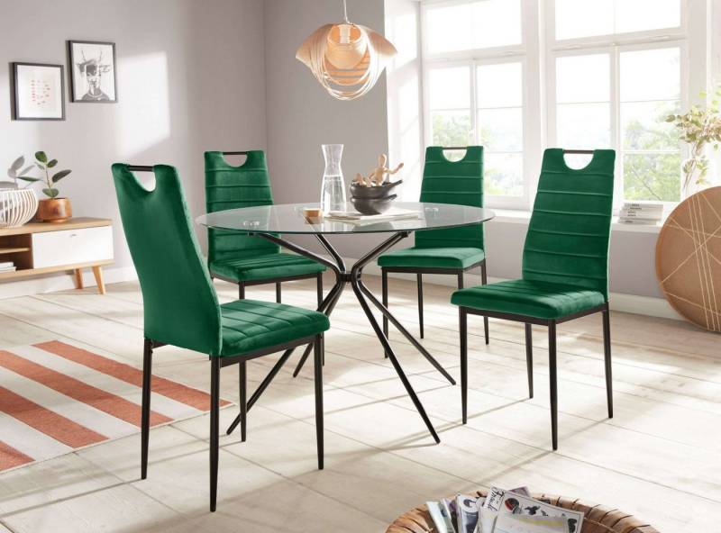 INOSIGN Essgruppe Silvi-Mandy, (Set, 5-tlg., Set 110 cm), Glastisch 110x110 cm mit 4 Stühlen (Veloursstoff), Gestell aus Metall von INOSIGN