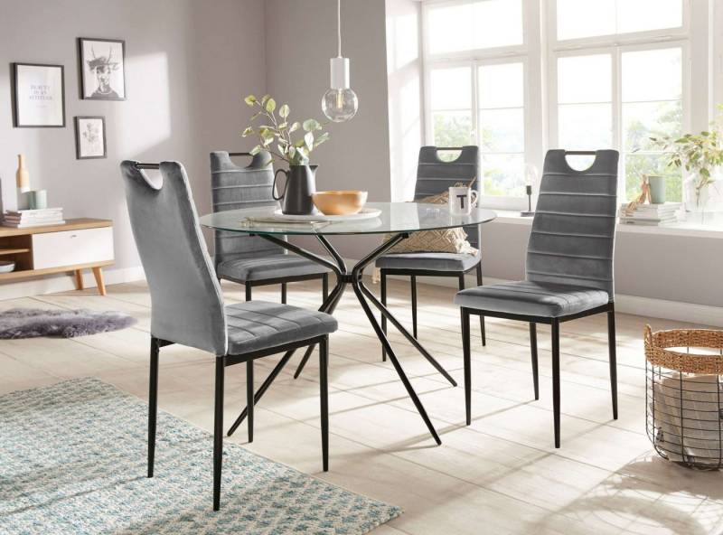 INOSIGN Essgruppe Silvi-Mandy, (Set, 5-tlg., Set 110 cm), Glastisch 110x110 cm mit 4 Stühlen (Veloursstoff), Gestell aus Metall von INOSIGN