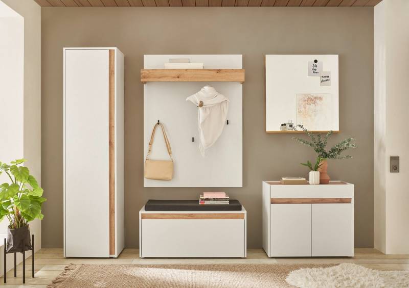 INOSIGN Garderoben-Set GIRON/CiTY, moderne Garderobe, Komplettset mit viel Stauraum, (Komplett-Set, 5-St), enthält Schrank, Kommode, Spiegel, Paneel & Schuhbank +Sitzkissen von INOSIGN