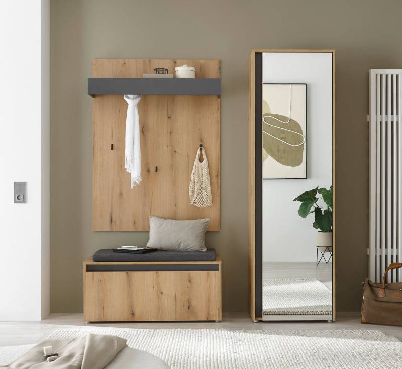 INOSIGN Garderoben-Set GIRON/CiTY, moderne Garderobe, Komplettset mit viel Stauraum, (Komplett-Set, 3-St), enthält Garderobenschrank, Paneel, Schuhbank inkl. Sitzkissen von INOSIGN