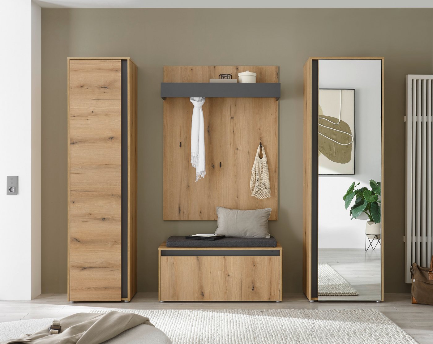 INOSIGN Garderoben-Set GIRON/CiTY, moderne Garderobe, Komplettset mit viel Stauraum, (Komplett-Set, 4-St), enthält Garderobenschränke, Paneel & Schuhbank +Sitzkissen von INOSIGN
