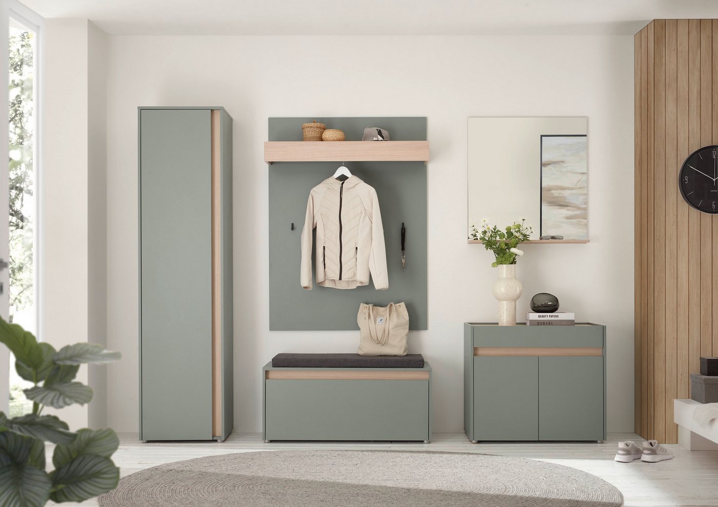 INOSIGN Garderoben-Set GIRON/CiTY, moderne Garderobe, Komplettset mit viel Stauraum, (Komplett-Set, 5-St), enthält Schrank, Kommode, Spiegel, Paneel & Schuhbank +Sitzkissen von INOSIGN