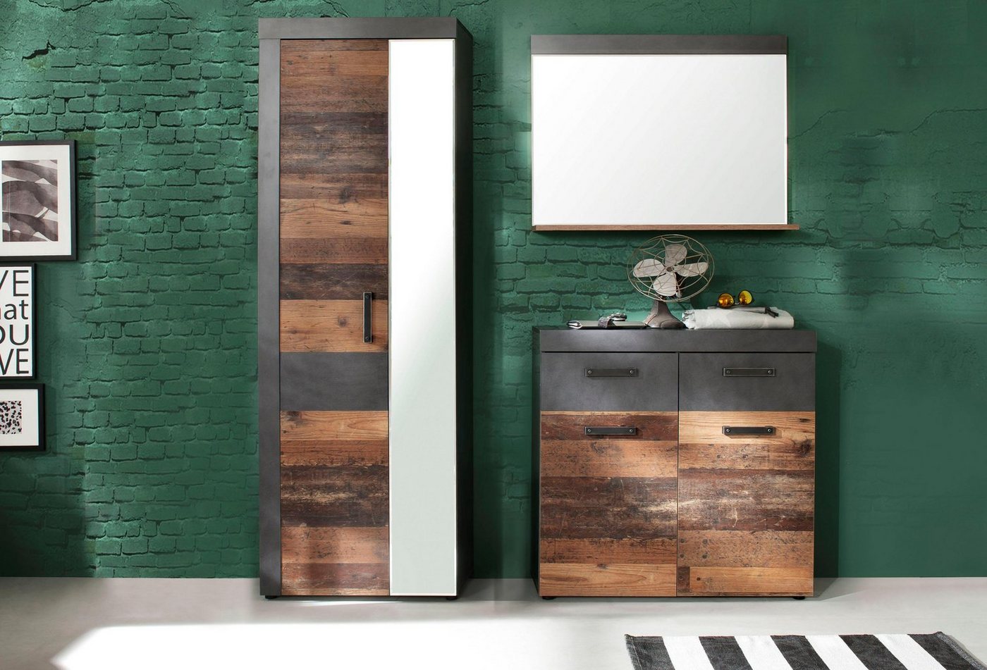 INOSIGN Garderoben-Set Ilana, (Set, 3-St), Garderobenmöbel im modernen Industrial Style mit antikfarbenen Griffen von INOSIGN