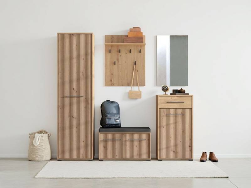 INOSIGN Garderoben-Set Landes, Flurmöbel, Breite 189 cm, in Artisan Eiche mit Streifen, (Komplett-Set, 5-St), (Set, 5-St) inkl. 2 Schränke, Sitzbank, Garderobenpaneel und Spiegel von INOSIGN