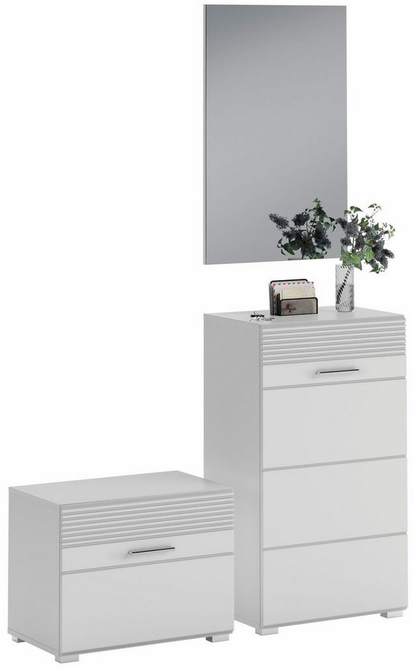 INOSIGN Garderoben-Set Malmö, Breite 115cm, MDF Front mit Rillenfräsung, 3-teilig, best. aus:, (3-St), Sitzbank, Schuhkommode & Garderobenspiegel von INOSIGN