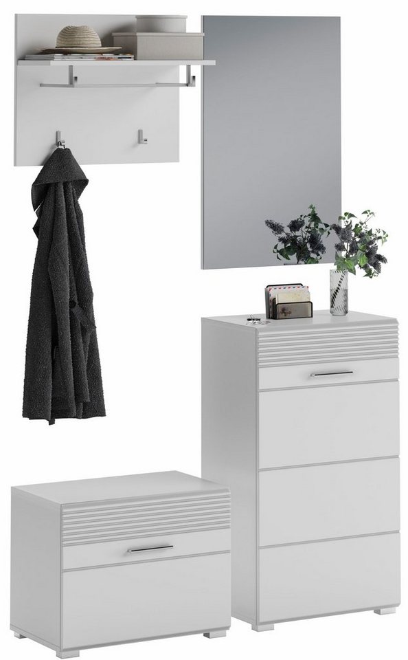 INOSIGN Garderoben-Set Malmö, Breite 115cm, MDF Front mit Rillenfräsung, 4-teilig, best. aus:, (4-St), Sitzbank, Garderobenpaneel, Schuhkommode & Garderobenspiegel von INOSIGN