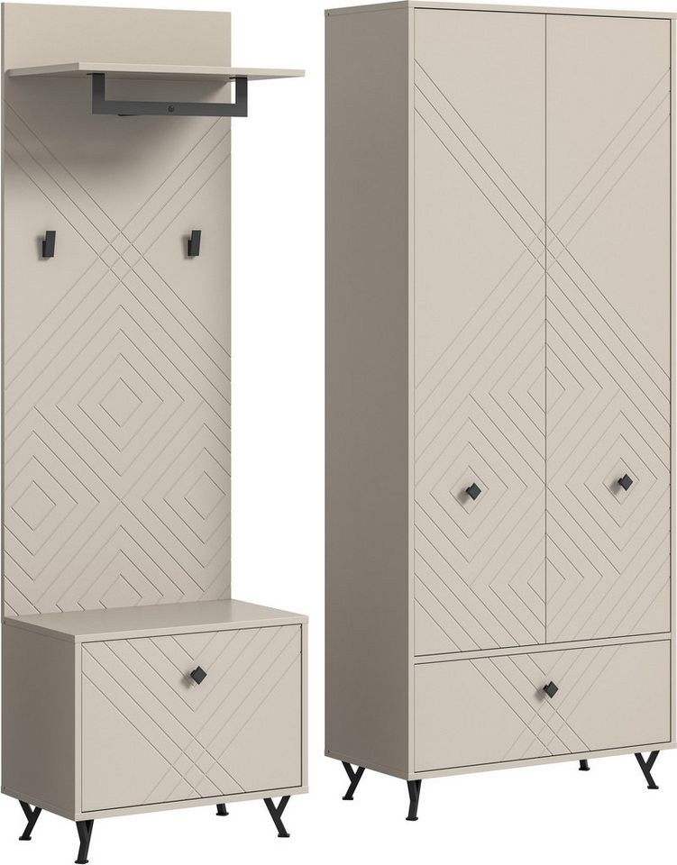 INOSIGN Garderoben-Set Mento, 3-teilig, Ornamentfräsung in der Front, bestehend aus:, (Set, 3-St), Sitzbank, Garderobenpaneel & Garderobenschrank, Metall Griffe & Füße von INOSIGN