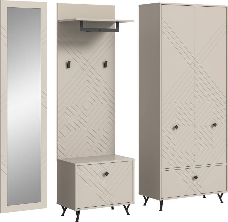 INOSIGN Garderoben-Set Mento, 4-teilig, Ornamentfräsung in der Front, bestehend aus:, (Set, 4-St), Spiegel, Sitzbank, Garderobenpaneel & Garderobenschrank von INOSIGN