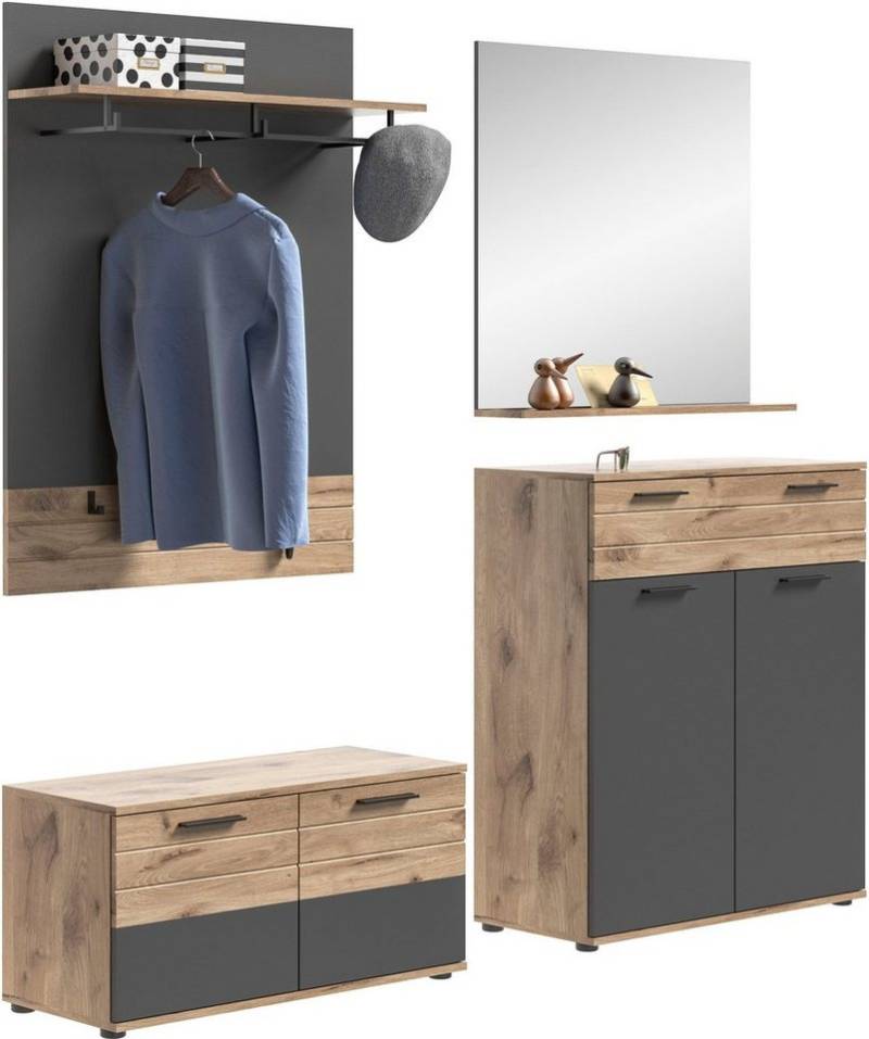 INOSIGN Garderoben-Set Riga, Breite 195 cm, hochwertige Rillenfräsung, 4-teilig, best. aus:, (Set, 4-St), Sitzbank, Paneel, Garderobenspiegel, Schuhkommode von INOSIGN