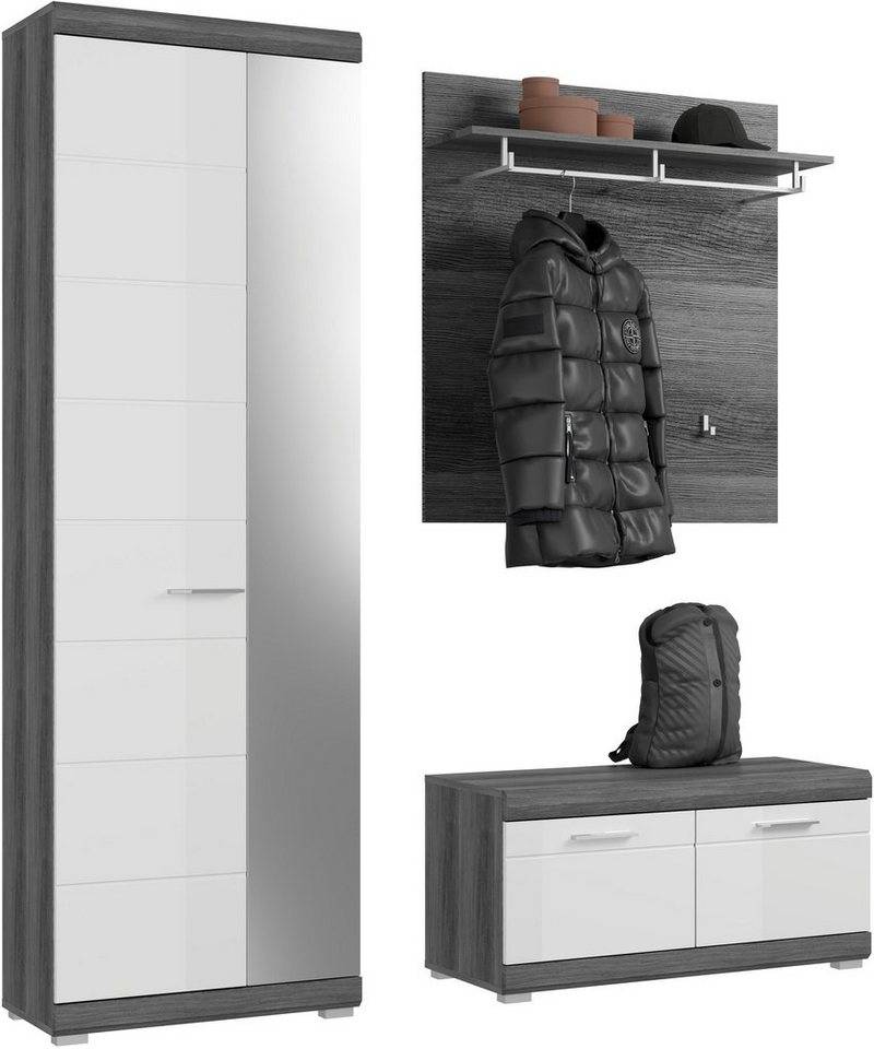 INOSIGN Garderoben-Set Siena, Fronten mit hochwertiger Rillenfräsung, 3-teilig,bestehend aus:, (Komplett-Set, 3-St), Garderobenschrank, Sitzbank & Garderobenpaneel von INOSIGN