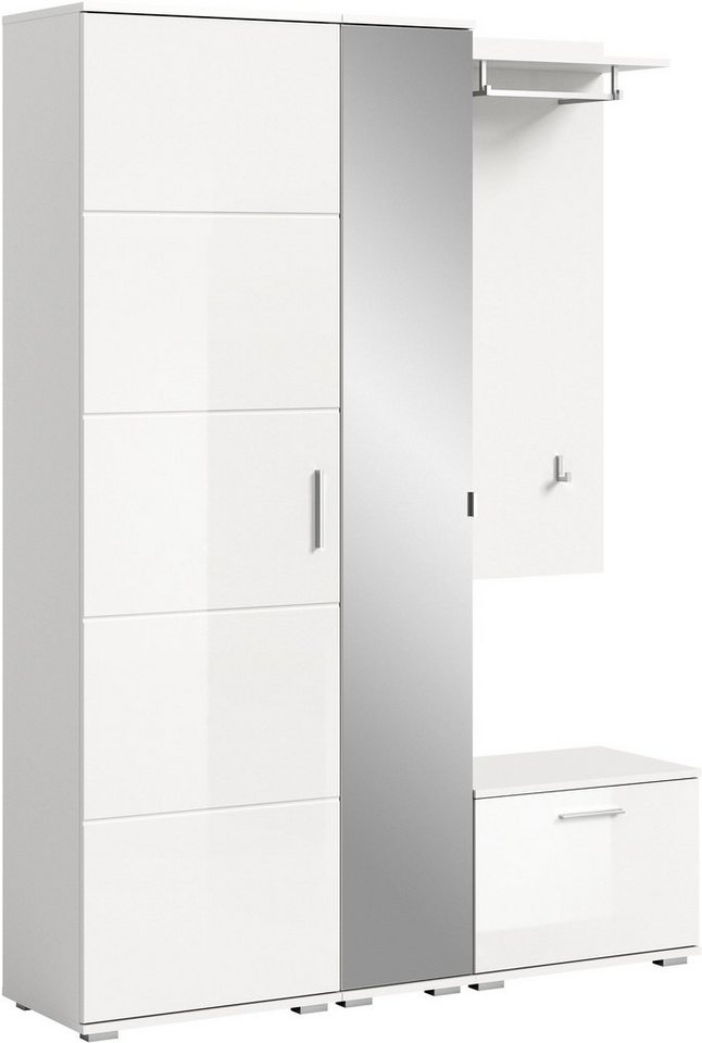 INOSIGN Garderoben-Set Valge, Breite 140 cm, 4-teiliges Set, bestehend aus:, (4-St), Garderobenschrank, Spiegelschrank, Sitzbank und Garderobenpaneel von INOSIGN