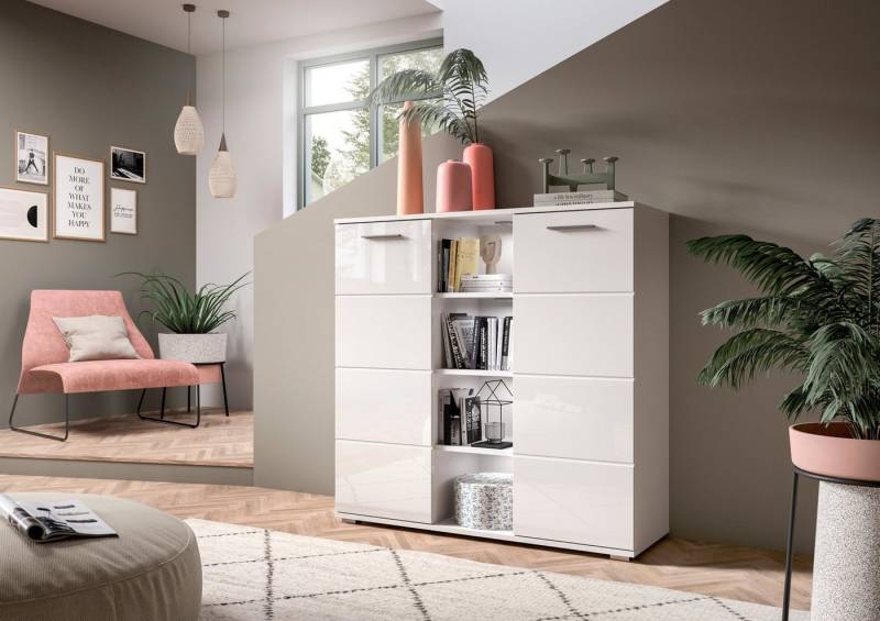 INOSIGN Highboard Valge, Höhe 108 cm, 2 Türen, 4 verstellbare Böden, 4 offene Fächer, Front-Rillenfräsung, Schuhschrank, Anrichte, Kommode, Sideboard INOSIGN Highboard Valge, Höhe 108 cm, 2 Türen, 4 verstellbare Böden, 4 offene Fächer, Front-Rillenfräsung, Schuhschrank, Anrichte, Kommode, Sideboard von INOSIGN