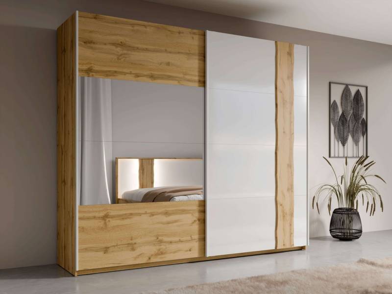 Home affaire Kleiderschrank Fabella mit Spiegel, 8 Einlegeböden und 2 Kleiderstange Garderobe mit 2 Schwebetüren und Spiegel, BxHxT 250x218x66,5 cm von Home affaire