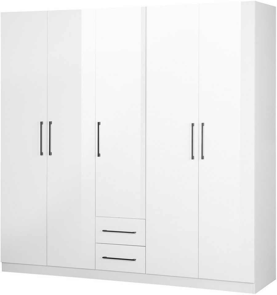 INOSIGN Kleiderschrank Sylt Schlafzimmerschrank Garderobe Schrank TOPSELLER in hochglanz weiß (5 Türen, 2 Schubladen, schwarze moderne Griffe, 7 Einlegeböden) Drehtürenschrank mit perfekter Innenausstattung, Breite 200cm von INOSIGN