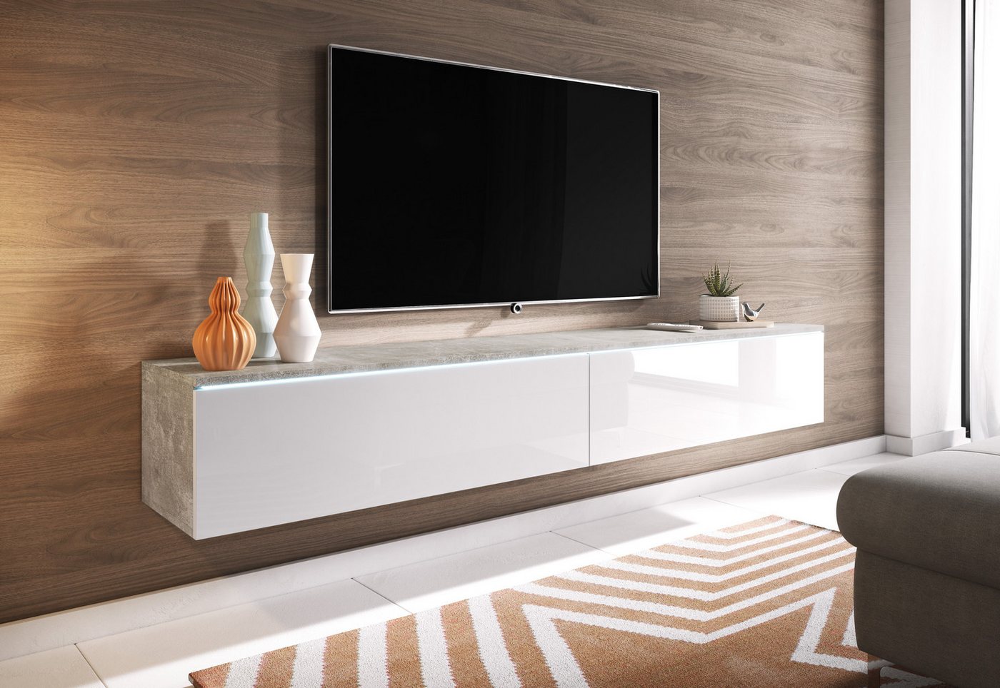 INOSIGN Lowboard LOWBOARD VERA, wahlweise mit oder ohne Beleuchtung, Modernes griffloses TV-Board, 180 cm TV-Schrank, stehend und hängend von INOSIGN