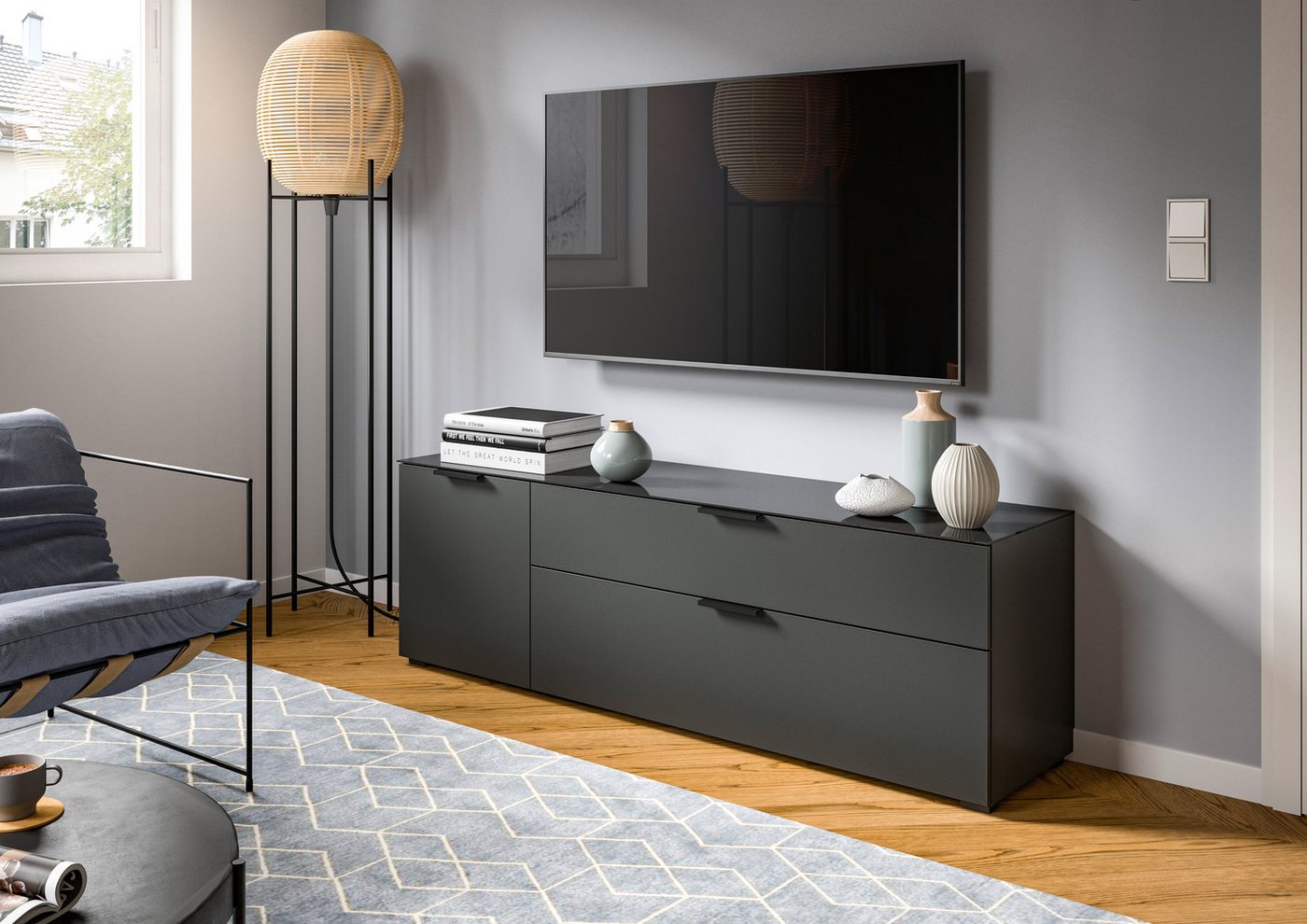 INOSIGN Lowboard Raio, Breite 160 cm, 1 Tür, 1 Schubkasten, 1 Klappe, Oberboden, mit Glasplatte, TV-Board, TV-Schrank, Mediaboard, Fernsehschrank von INOSIGN