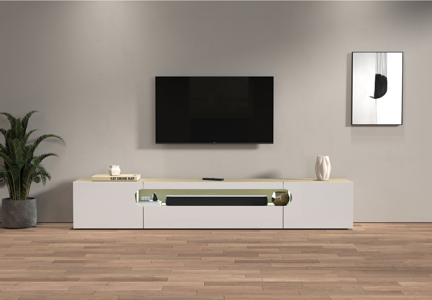 INOSIGN Lowboard REAL TV-Möbel, 240 cm breit, 40/60 cm hoch, Hochglanz oder matt, mit 2 abgerundeten Türen, 1 Klappe, die ein ovales offenes Fach bilden von INOSIGN
