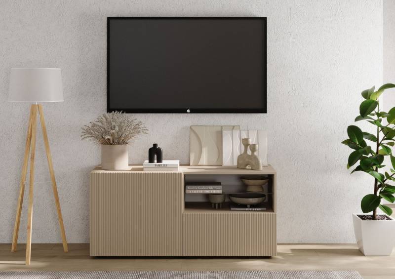 INOSIGN Lowboard Rio Breite 120 cm, TV-Board 1 Tür u. 1 Schubkasten, TV-Schrank, geriffelte MDF-Fronten, modern u. elegant, Kabelführung, platzsparend von INOSIGN