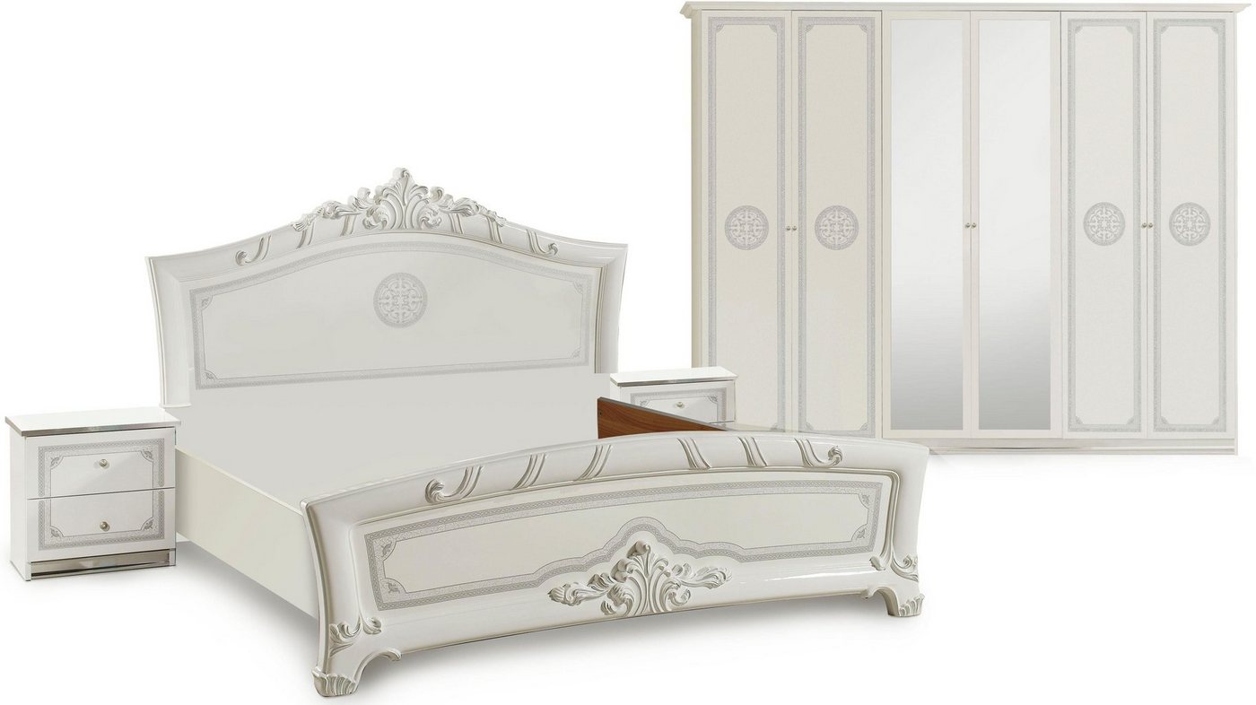INOSIGN Schlafzimmer-Set Greta, aus FSC-zertifiziertem Holzwerkstoff, Hochglanzoberfläche, (4-tlg., aus 1 Kleiderschrank, 1 Bett (180x200cm) und 2 Nachtkommoden), im italienischen Barock- KLassik-Stil mit opulenten Verzierungen von INOSIGN