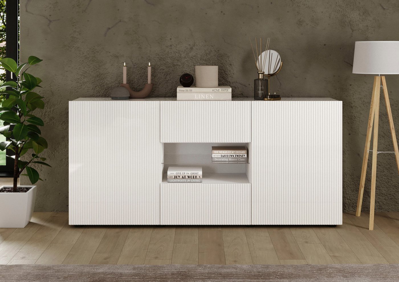 INOSIGN Sideboard Rio Breite 181 cm, Kommode mit 2 Türen u. 2 Schubkästen, geriffelte MDF-Fronten, modern u. elegant, viel Stauraum von INOSIGN