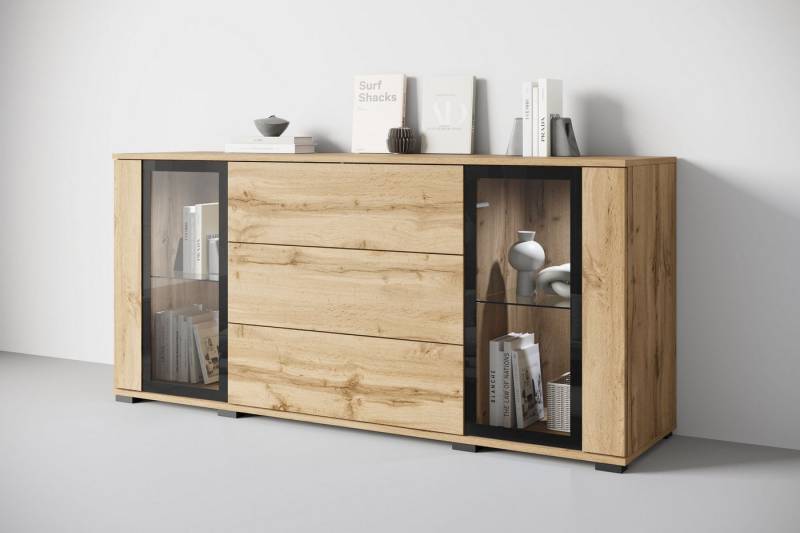 INOSIGN Sideboard modernes Design mit Glaseinsätzen und 3 Schubladen, Breite 150 cm (1 St), Grifflose Fronten mit Push-to-Open, höhenverstellbare Einlegeböden von INOSIGN
