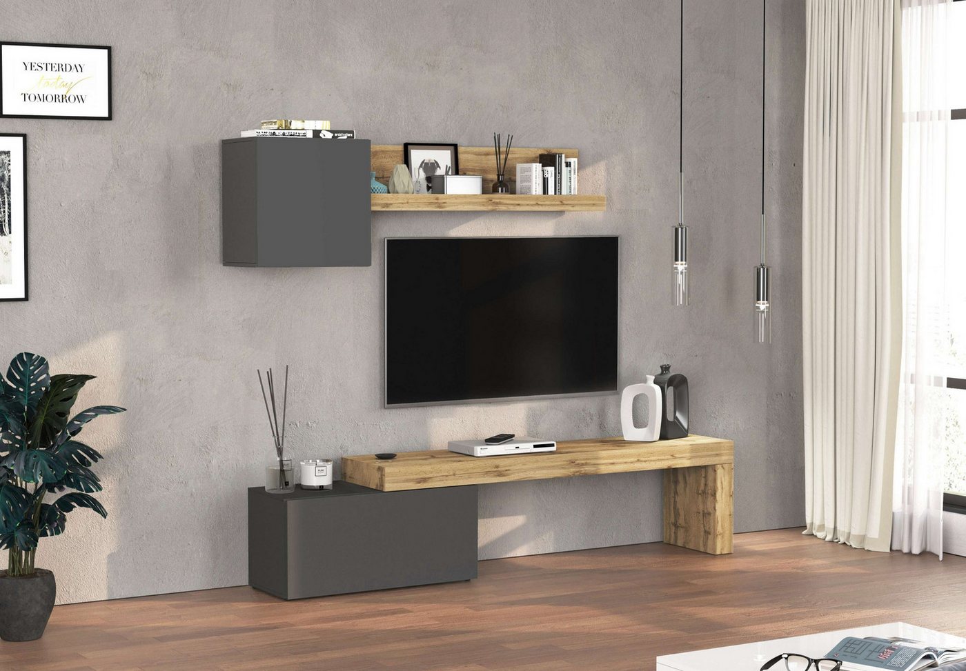 INOSIGN TV-Wand Chronos TV-Set, Wohnwand – Elemente frei platzierbar, Made in Italy, (Set, 3-St., 3-er set), Lowboard B 220 cm, Hängeschrank B 50 cm, Wandregal B 120 cm von INOSIGN