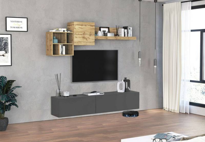 INOSIGN TV-Wand Chronos TV-Set, Wohnwand – Elemente frei platzierbar, Made in Italy, (Set, 5-St., 4-er set), Lowboard B 210 cm,Hängeschrank,Hängeregal B 50 cm,Wandregal B 120 cm von INOSIGN