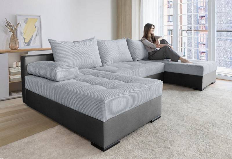 COLLECTION AB Wohnlandschaft Josy, U-Form, Schlafsofa mit Bettkasten, flexible Recamiere, Breite: 269cm, inklusive Rückenkissen, Cord/Mix von COLLECTION AB