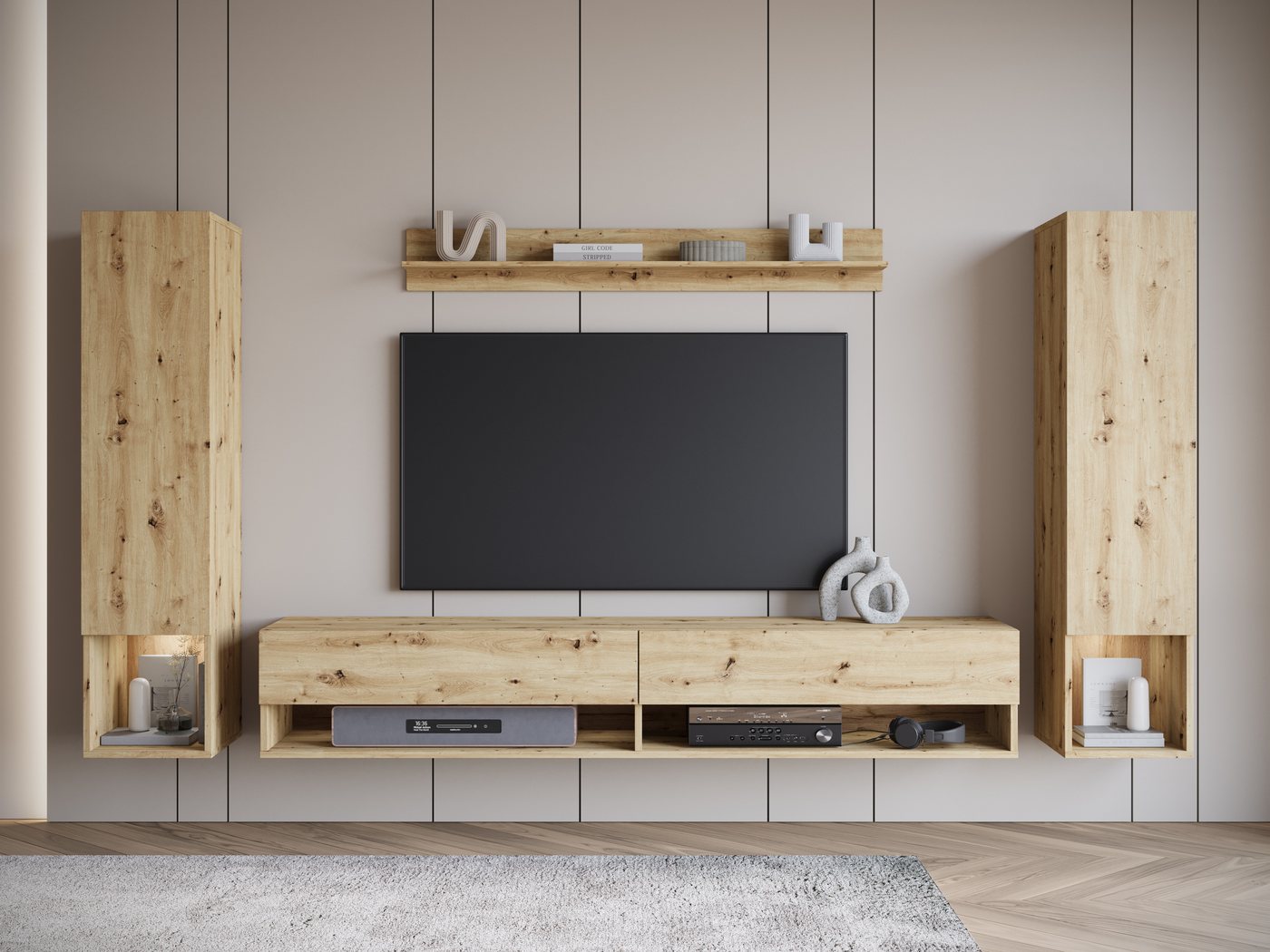 INOSIGN Wohnwand AMADEO II, (Komplett-Set, 4-St), Vitrine Türanschlag links/rechts wechselbar, Hängeversion von INOSIGN