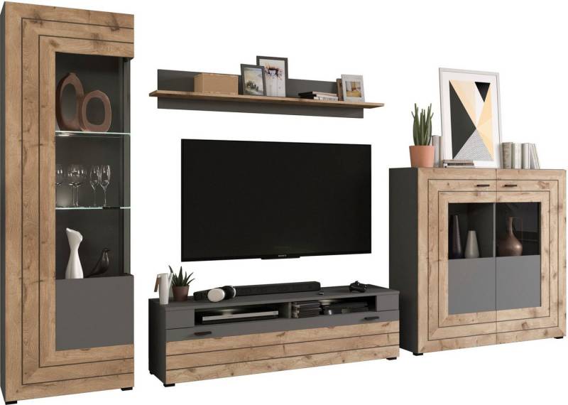 INOSIGN Wohnwand Aalborg, Breite 350cm, 2-farbig,Metallgriffe, 4-teilig, bestehend aus:, (4-St), 1x Vitrine, 1x Lowboard, 1x Wandboard und 1x Highboard von INOSIGN