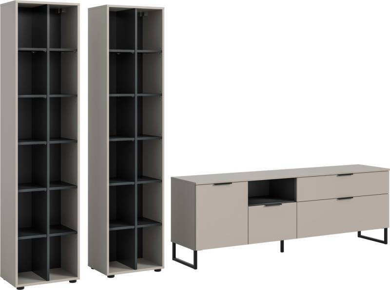 INOSIGN Wohnwand ADIO, Breite 305 cm, 3-teiliges Set, mit Metall-Kufenfüße, (Set, 3-St., bestehend aus: 2x Standregal und Lowboard), Kombination, Anbauwand, Set, Wohn-Set, Wohnzimmer-Set, Schrankwand von INOSIGN