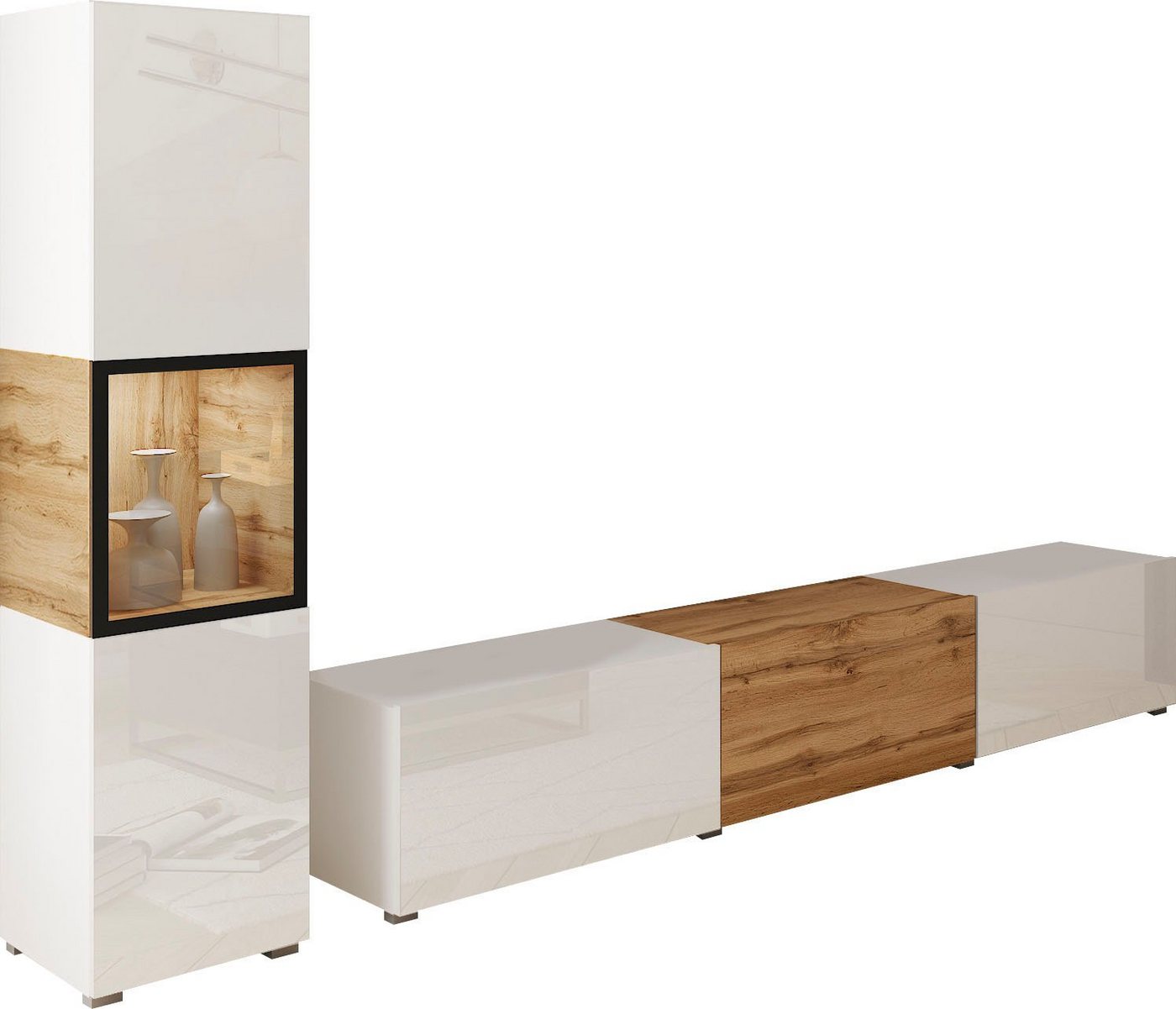 INOSIGN Wohnwand BERLIN I, Vitrine Türschlag links/rechts wechselbar, (Komplett-Set, 2-St), moderne grifflose Mediawand Breite 220 cm, Vitrine mit Verglasung von INOSIGN