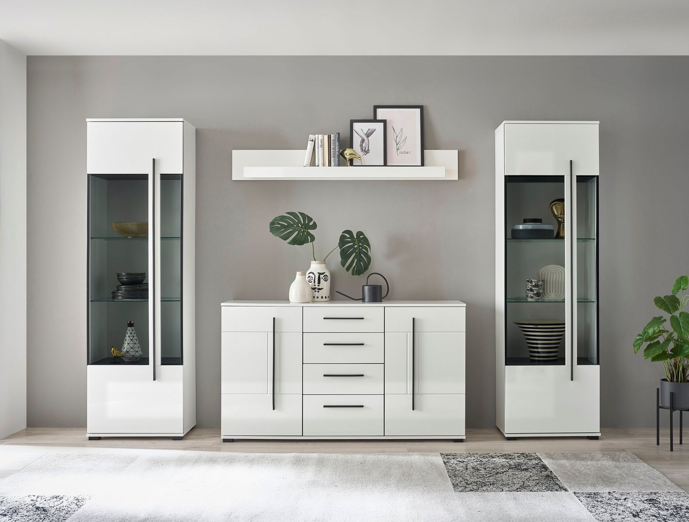 INOSIGN Wohnwand Cantara, moderne Anbauwand, Wohnzimmer-Set, in Eiche Evoke oder Weiß, (Set), enthält zwei Vitrinen, ein Sideboard und ein Wandboard von INOSIGN