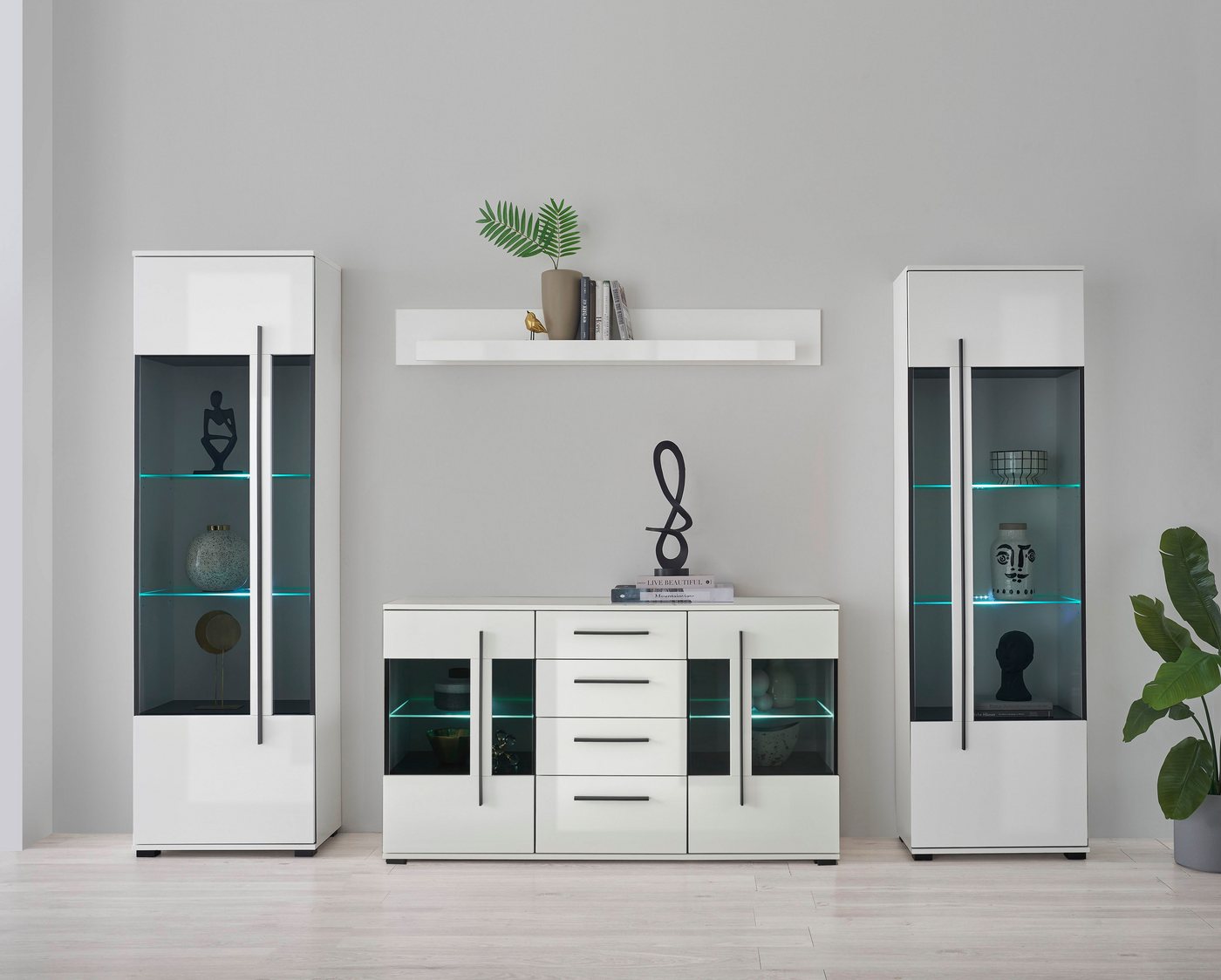 INOSIGN Wohnwand Cantara, moderne Anbauwand, Wohnzimmer-Set, in Eiche Evoke oder Weiß, (Set), enthält zwei Vitrinen, ein Sideboard und ein Wandboard von INOSIGN