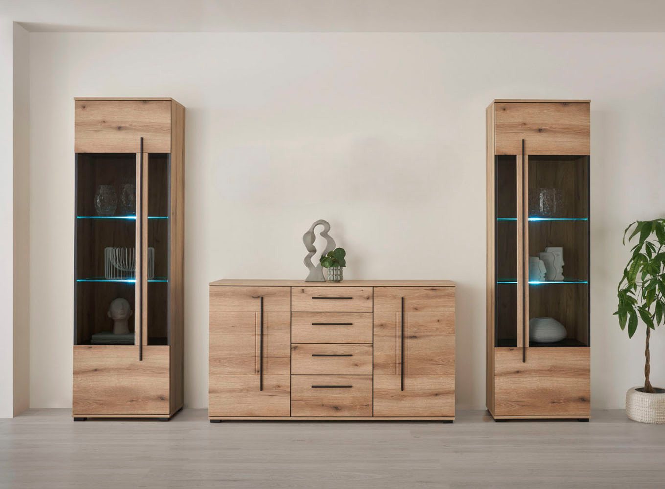 INOSIGN Wohnwand Cantara, moderne Anbauwand, Wohnzimmer-Set, in Eiche Evoke oder Weiß, (Set), enthält zwei Vitrinen und ein Sideboard von INOSIGN
